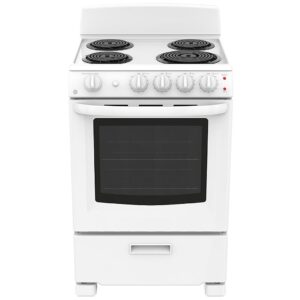 Cuisinière électrique GE – 24 pouces, 2,9 pi³, 4 éléments, tiroir de rangement, blanc – JCAS300DMWW